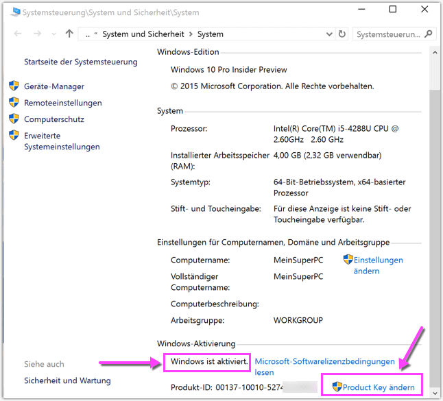 Windows 10 Aktivierung pruefen und Product Key aendern