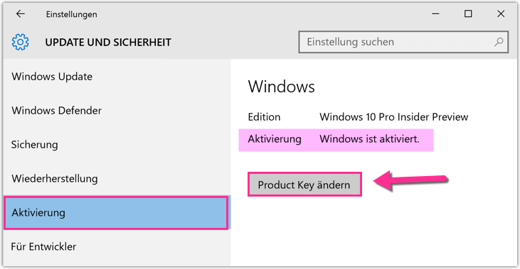 Windows 10 Aktivierung und Schlüsseländerung