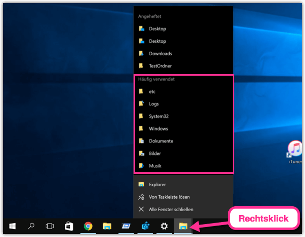 Windows 10 Häufig verwendete Dateien und Ordner auf der Taskleiste
