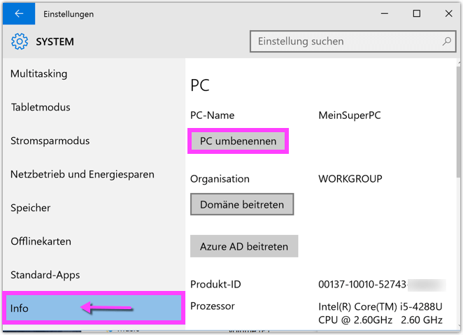 Windows 10 PC Umbennen
