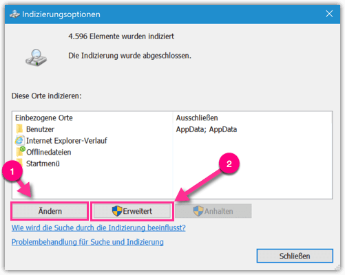Windows 10 Indizierungsoptionen erweitert
