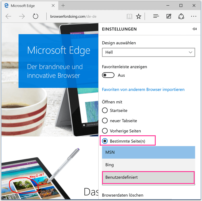 Microsoft Edge Browser Benutzerdefinierte Webseite als Start