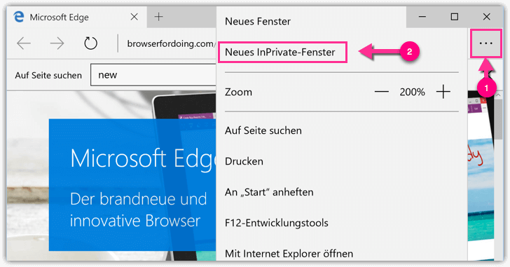 Microsoft Edge Browser Neues InPrivate Tab öffnen