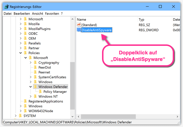 Windows 10 DisableAntiSpyware Registry Schluessel wurde erstellt