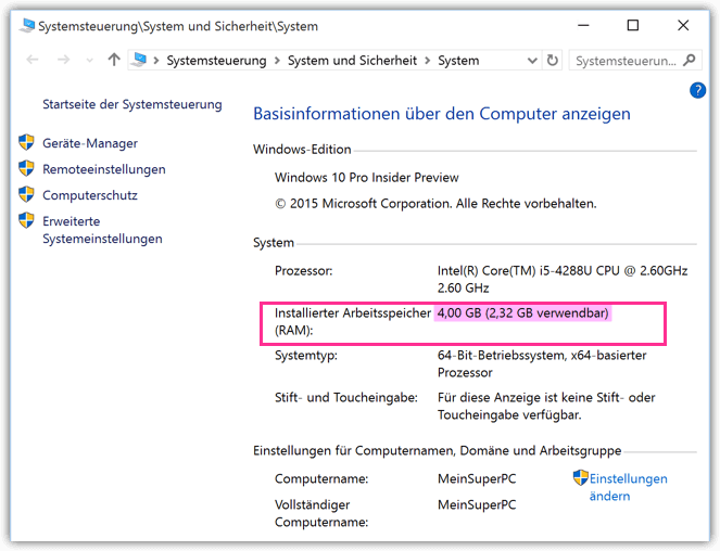Windows 10 Installierter RAM Arbeitsspeicher