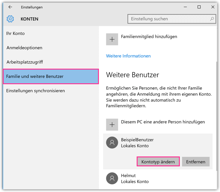 Windows 10 Kontotyp aendern
