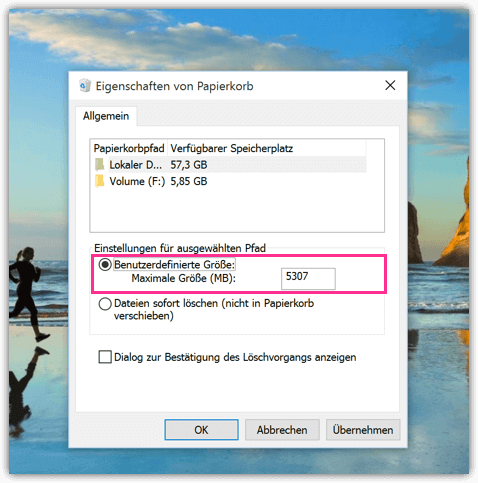 Windows 10 maximale Groesse fuer den Papierkorb