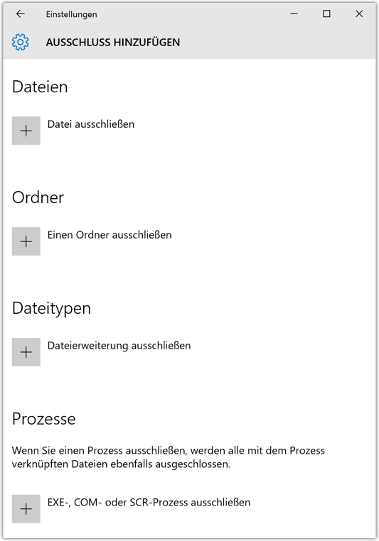 Windows Defender unterschiedliche Ausschluss-Typen