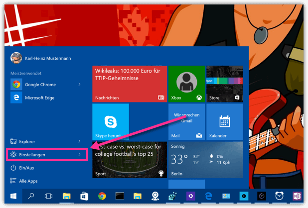 Windows 10 Einstellungen im Startmenü