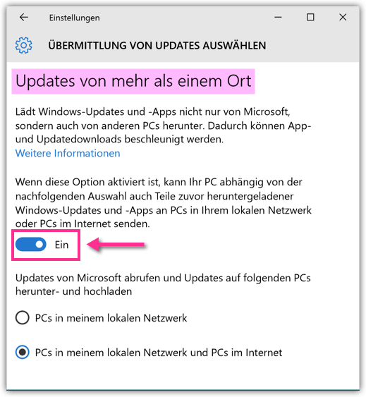 Windows 10 Updates an andere Nutzersenden unterbinden