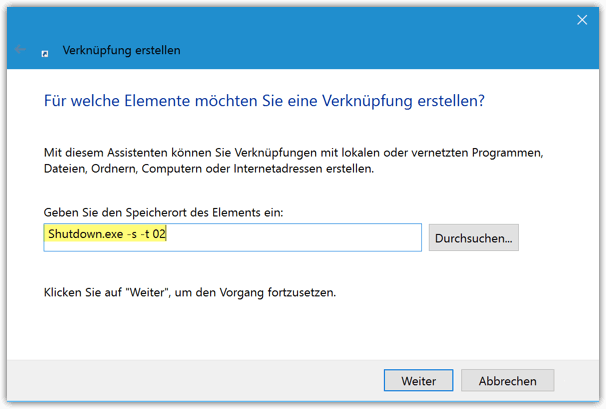 Shutdown Shortcut für Windows 10