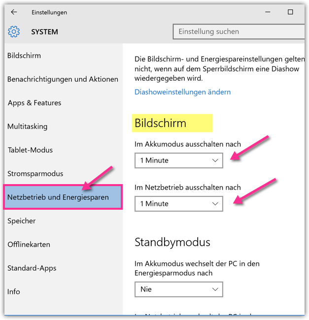 Windows 10 Bildschirm ausschalten nach