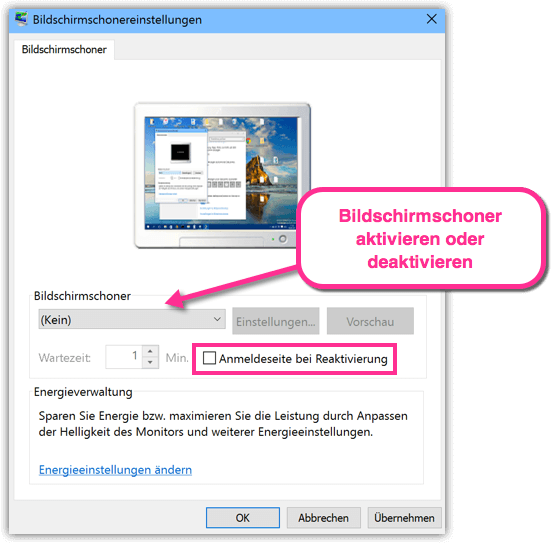 Windows 10 Bildschirmschoner aktivieren oder deaktivieren