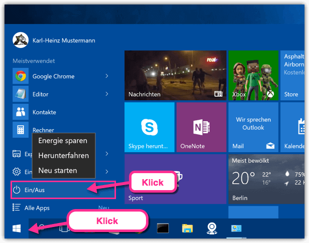 Windows 10 Herunterfahren Startmenü