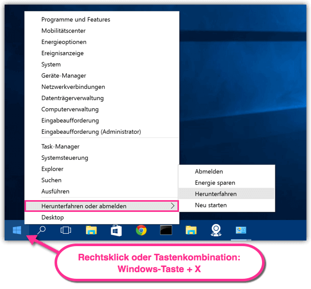 Windows 10 Herunterfahren mit Rechtsklick auf Windows-Logo