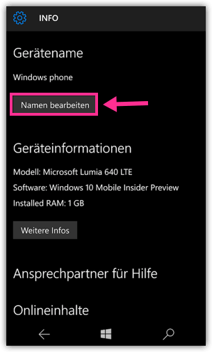 Windows 10 Mobile Gerätename ändern