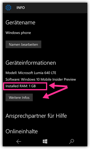 Windows 10 Mobile RAM anzeigen