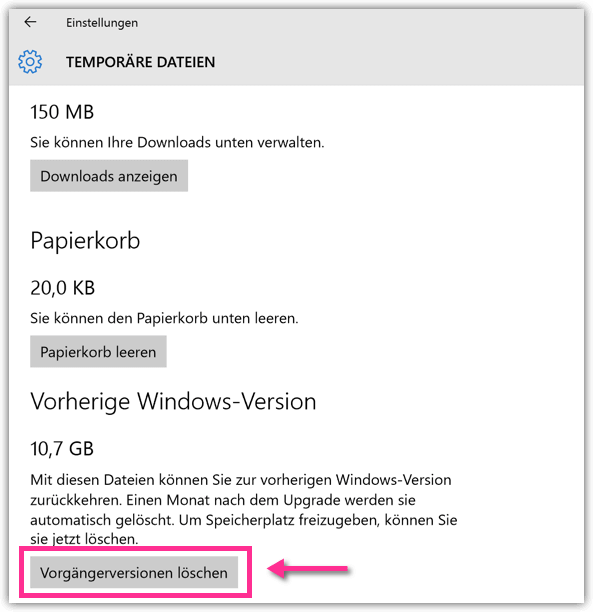 Windows 10 vorherige Windows Version löschen
