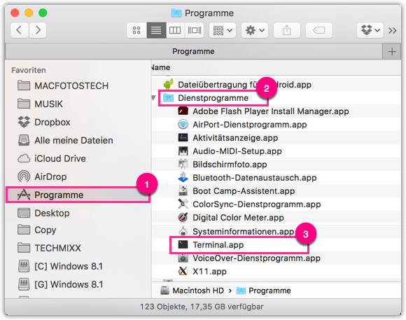 Mac Terminal öffnen mit Finder