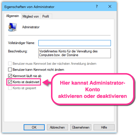 Windows 10 integriertes Administrator aktivieren oder deaktivieren
