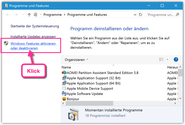 Windows 10 Windows Features aktivieren oder deaktivieren