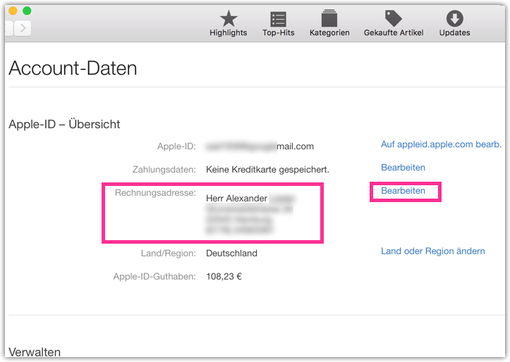 Apple OS X App Store Rechnungsadresse aendern