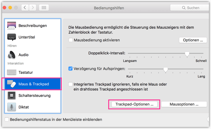 Mac OSX Bedienungshilfen Trackpad-Optionen
