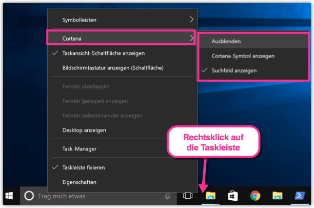 Windows 10 Suchfeld Taskleiste aktivieren deaktivieren