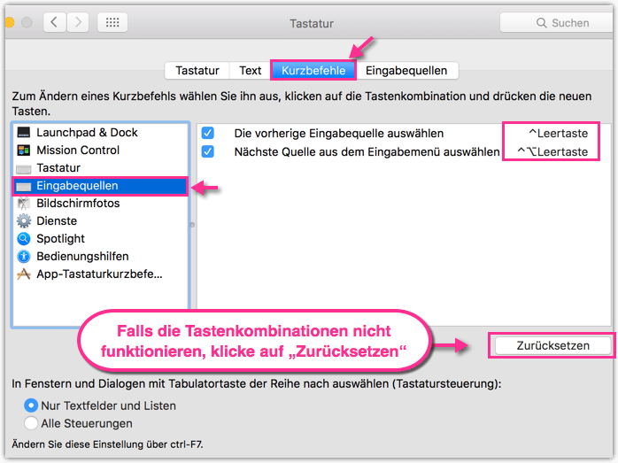 Mac OS X Eingabequellen Tastankombinationen fuer Sprachen Wechsel