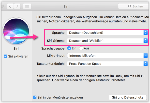 macOS Mac OS X MacBook Siri Sprache und Stimme aendern